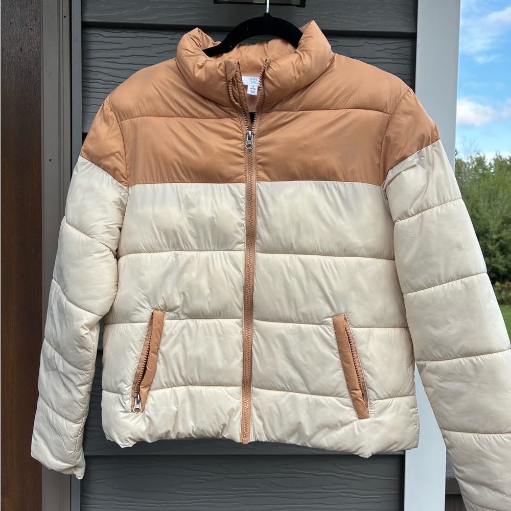 Time and Tru Women's Puffer Jacket - Tan and Cream